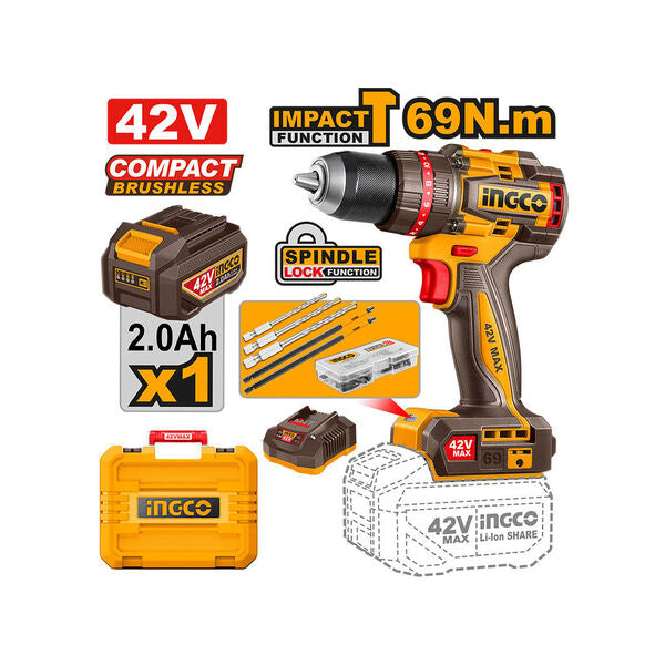 INGCO 42V Max Compact Brushless Impact Hammer Drill Kit (CIDLI426981)