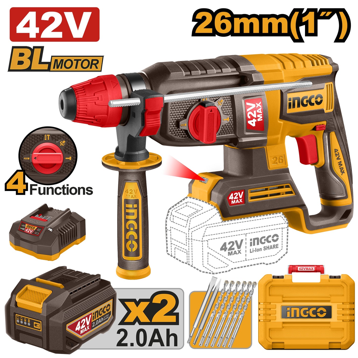 INGCO 42V Max Industrial Brushless 26 mm Rotary Hammer Kit (CRHLI422682)
