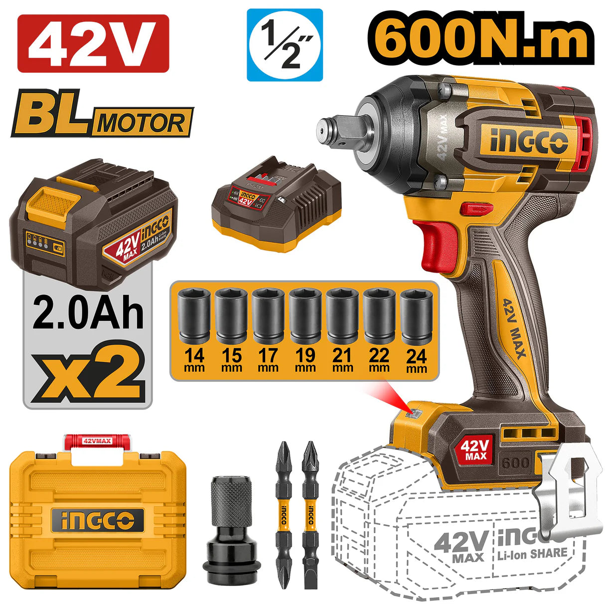INGCO 42V Max Industrial Brushless 1/2" Impact Wrench Kit (CIWLI42602)