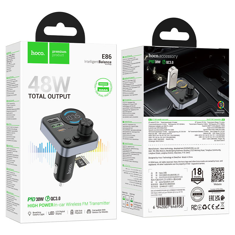Hoco E86 Car Charger & Bluetooth FM Transmitter (48W)