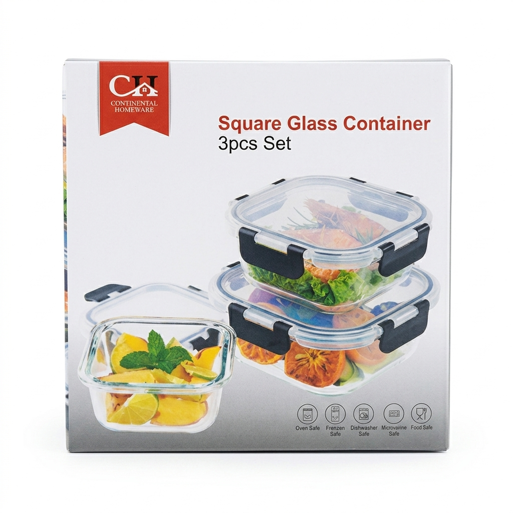 Continental Homeware Square Glass Container Set (3Pcs)