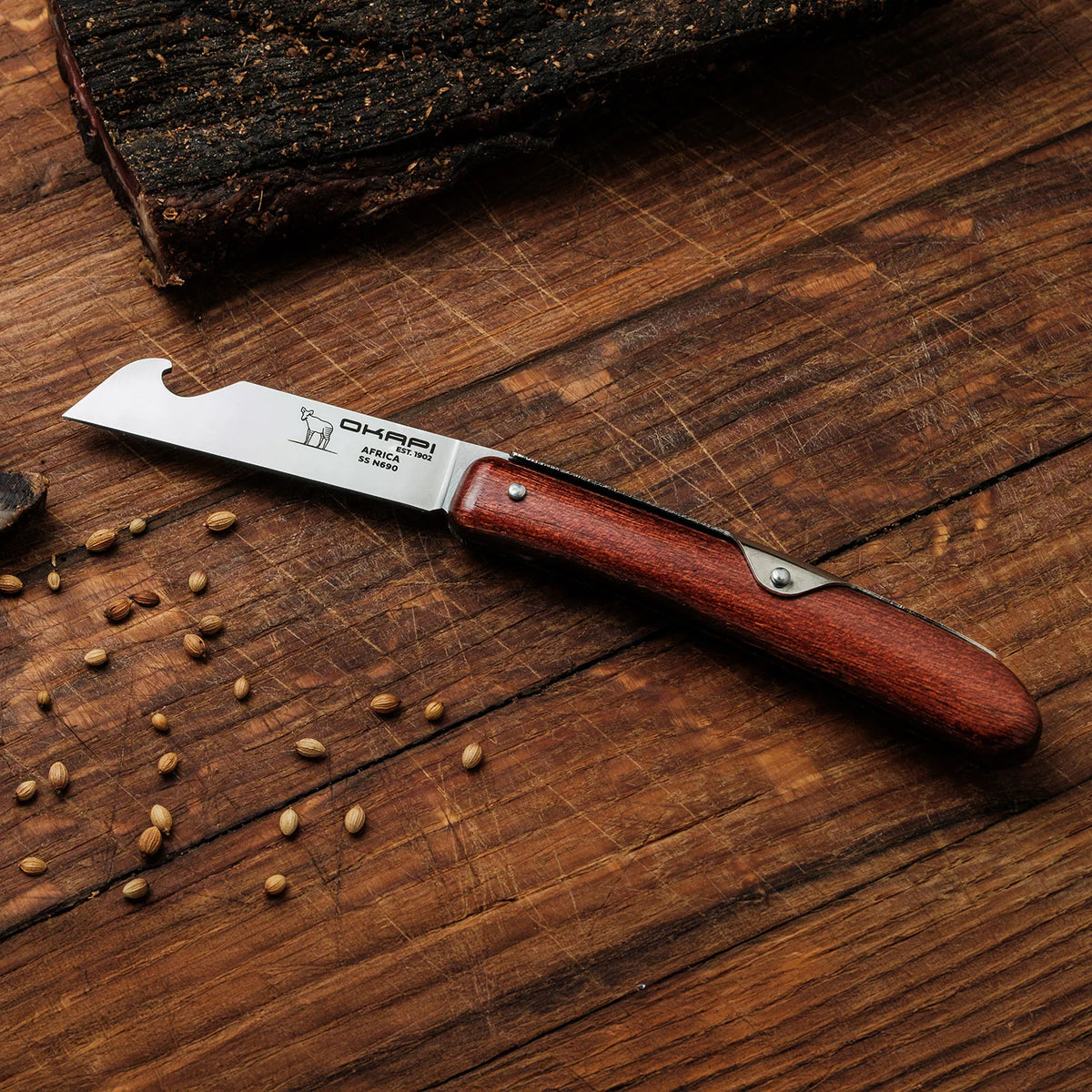 Okapi FG02585 Biltong & Beer Knife (Wood Veneer Handle)